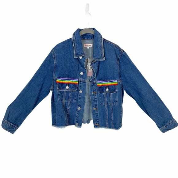 Sunset & Spring Jackets & Blazers - Rainbow Ruffle Jean Jacket Sunset & Spring Blue Denim Ribbon Trim Size Small New